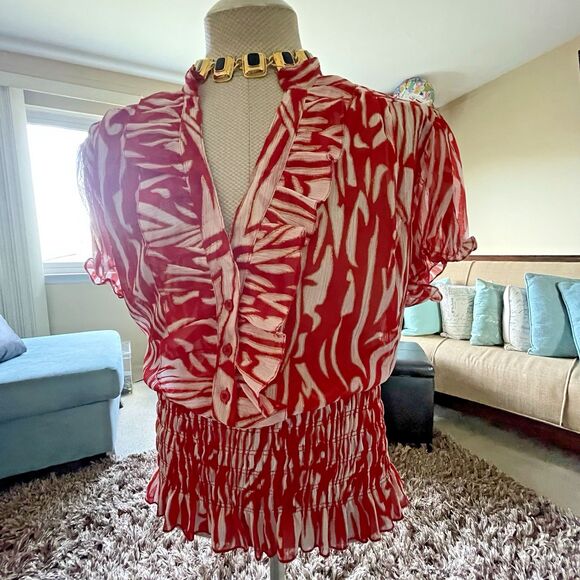 Vintage Erica Brooke Women's V-Neck Ruffle Top Blouse Sze 24 Short Sleeve Career - Picture 4 of 11